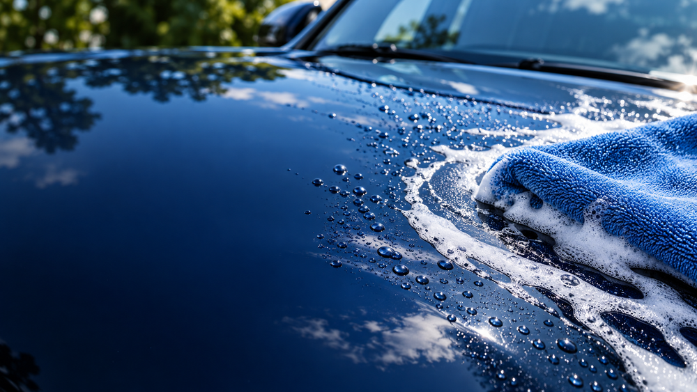 Blue microfiber towel on a freshly washed car