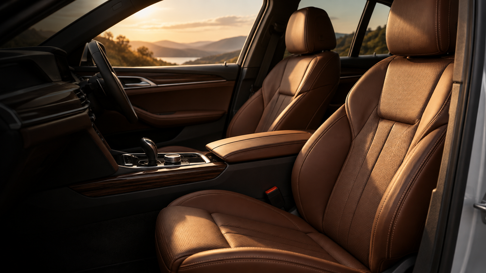 Clean leather car interior in warm sunlight