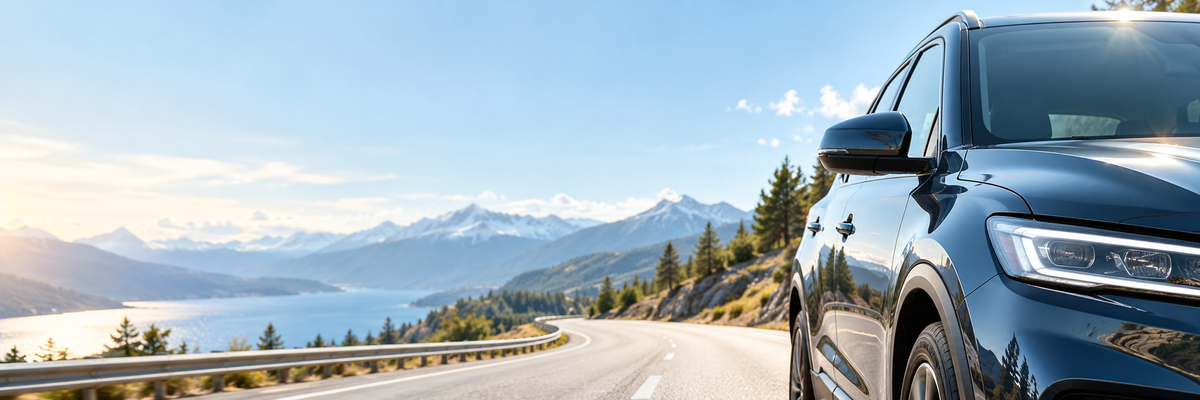 Blue SUV beside a sunlit mountain road